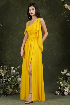Vestido de dama de honor dividido de gasa de línea A sin espalda con tirantes finos amarillos con bolsillos_15