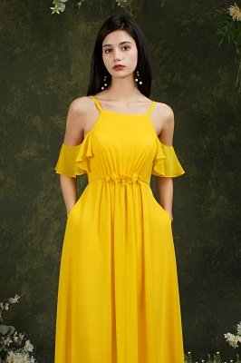 Wunderschönes, gelbes, schulterfreies Brautjungfernkleid aus Chiffon in A-Linie mit Taschen_16