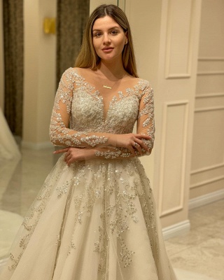 Элегантное свадебное платье Aline с длинными рукавами и кружевными аппликациями._5
