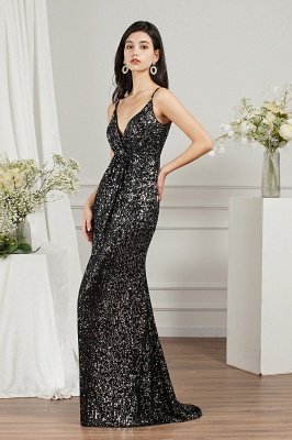 Black Sparkly Späghetti Strap Sleeveless Long Meramid Sequins Prom Dress_3
