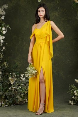 Vestido de dama de honor dividido de gasa de línea A sin espalda con tirantes finos amarillos con bolsillos_3
