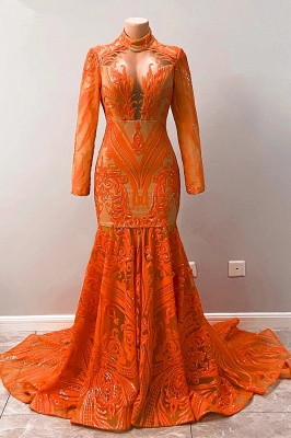 Очаровательные оранжевые платья выпускного вечера русалки с высоким воротом и длинным рукавом длиной до пола_3