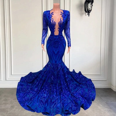 فستان حفلة موسيقية لامعة بأكمام طويلة مزينة بالترتر باللون الأزرق الملكي_3