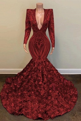 Бордовое платье для выпускного с длинными рукавами и глубоким v-образным вырезом, расшитое пайетками_1
