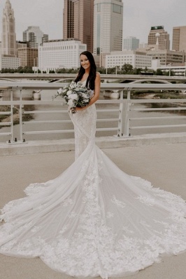 V-Neck Backless Mermaid Wedding Dress Tulle Lace Appliques Long Bridal Dress_1