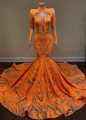 Очаровательные оранжевые платья выпускного вечера русалки с высоким воротом и длинным рукавом длиной до пола_1