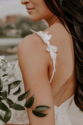 V-Neck Backless Mermaid Wedding Dress Tulle Lace Appliques Long Bridal Dress_4