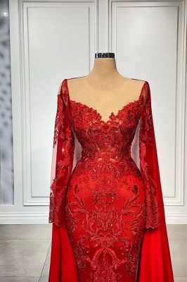 Красное кружевное выпускное платье силуэта «русалка» с шалью_2