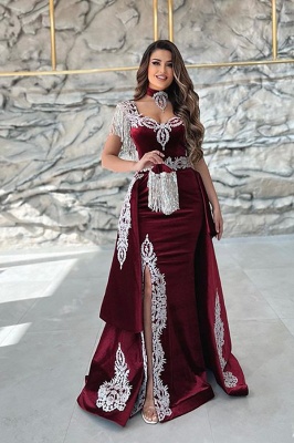 Burgundy cap sleeves a-line velet prom dress with gold appliques_1