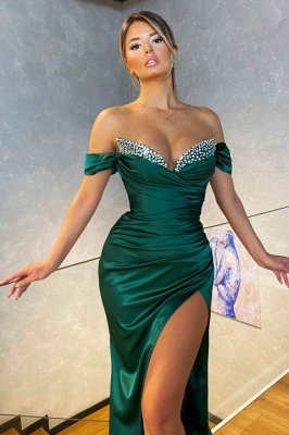 Off-the-Shoulder Satin Side Slit Prom Dress Sparkly Crystals Long Evening Party Gown_3