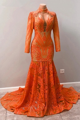 Очаровательные оранжевые платья выпускного вечера русалки с высоким воротом и длинным рукавом длиной до пола_4