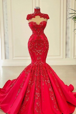 High neck mermaid red sweetheart lace prom dress_1