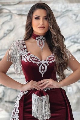 Burgundy cap sleeves a-line velet prom dress with gold appliques_3