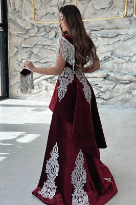 Burgundy cap sleeves a-line velet prom dress with gold appliques_4