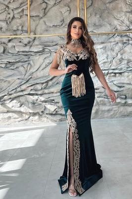 Dark green velvet sleeveless long prom dress with gold lace appliques_4