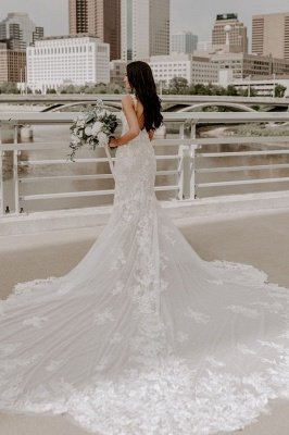 Свадебное платье русалки с V-образным вырезом без спинки Длинное свадебное платье из тюля с кружевными аппликациями_2