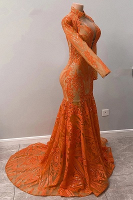 Очаровательные оранжевые платья выпускного вечера русалки с высоким воротом и длинным рукавом длиной до пола_5