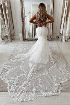 Classy Appliques Lace V-neck Sleeveless Chapel Mermaid Wedding Dresses_2