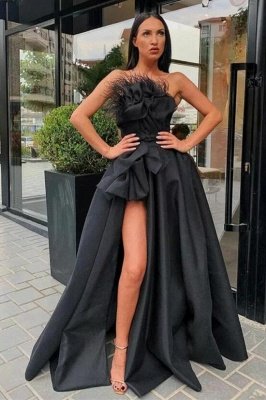 Vintage Black Tddecoration Strapless Ruffles Tea-length A-line Prom Dresses with Slit