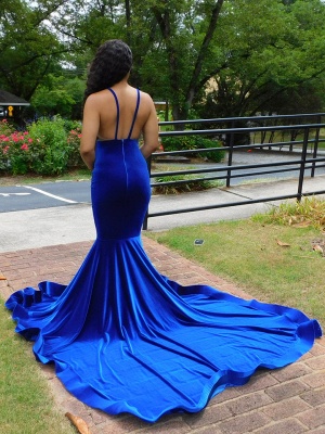 Очаровательные синие платья выпускного вечера русалки с V-образным вырезом на тонких бретелях и цветами длиной до пола_4