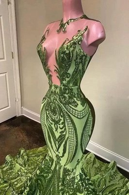 Grünes Pailletten-Abschlussballkleid im Meerjungfrau-Stil mit V-Ausschnitt und Hofschleppe_3