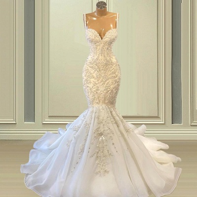 Exquisite Sequins Beading Sweetheart Spaghetti Straps Floor-length Mermaid Wedding Dresses_1