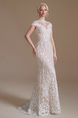 Chic Cap Sleeves White Mermaid Wedding Dress with Lace Appliques High Neck Bridal Dress_3
