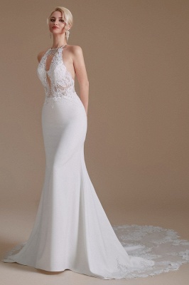 Elegant Deep V-Neck Floral Lace Mermaid Wedding Dress Sleeveles halter White Satin Bride Dress_3