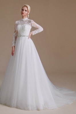 Свадебное платье Aline с высоким вырезом и длинными рукавами, свадебное платье с цветочным кружевом_3