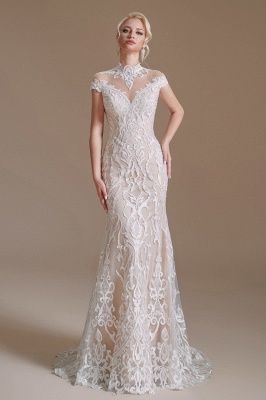 Chic Cap Sleeves White Mermaid Wedding Dress with Lace Appliques High Neck Bridal Dress_2