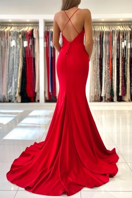 Robe de bal en satin rouge sexy bretelles spaghetti robe de soirée col en V longue_4