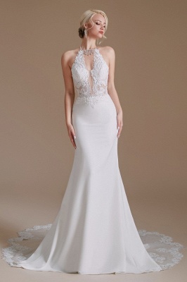 Vestido de noiva elegante com decote em V profundo floral rendado sereia mangas halter vestido de noiva de cetim branco_1
