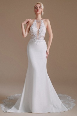Vestido de noiva elegante com decote em V profundo floral rendado sereia mangas halter vestido de noiva de cetim branco_2