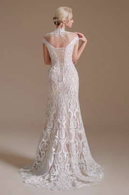 Chic Cap Sleeves White Mermaid Wedding Dress with Lace Appliques High Neck Bridal Dress_5