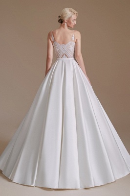 Свадебное платье Aline Атласное свадебное платье без рукавов с V-образным вырезом и цветочным кружевным узором_5