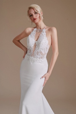 Elegant Deep V-Neck Floral Lace Mermaid Wedding Dress Sleeveles halter White Satin Bride Dress_6