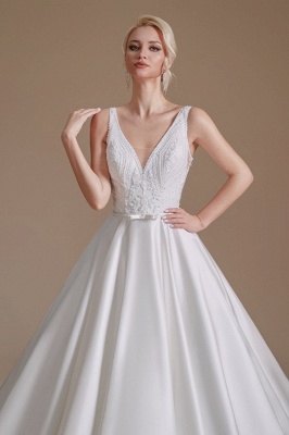 Свадебное платье Aline Атласное свадебное платье без рукавов с V-образным вырезом и цветочным кружевным узором_6
