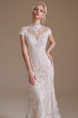 Chic Cap Sleeves White Mermaid Wedding Dress with Lace Appliques High Neck Bridal Dress_7