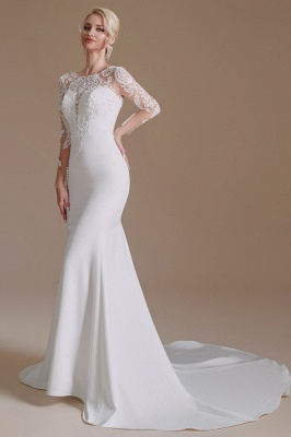 Long Sleeves Wedding Dress mermaid White Crew Neck Floral lace Long Bridal Dress_3