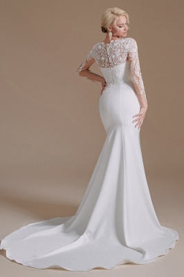 Long Sleeves Wedding Dress mermaid White Crew Neck Floral lace Long Bridal Dress_5