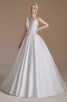 Свадебное платье Aline Атласное свадебное платье без рукавов с V-образным вырезом и цветочным кружевным узором_3