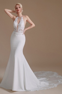 Elegant Deep V-Neck Floral Lace Mermaid Wedding Dress Sleeveles halter White Satin Bride Dress_4