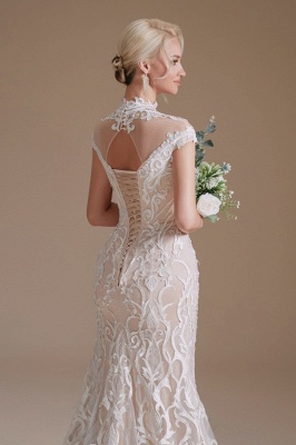 Chic Cap Sleeves White Mermaid Wedding Dress with Lace Appliques High Neck Bridal Dress_8