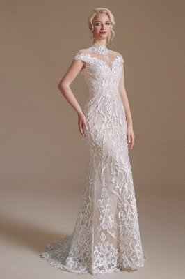 Schicke Flügelärmel, weißes Meerjungfrau-Hochzeitskleid mit Spitzenapplikationen, hochgeschlossenes Brautkleid_3