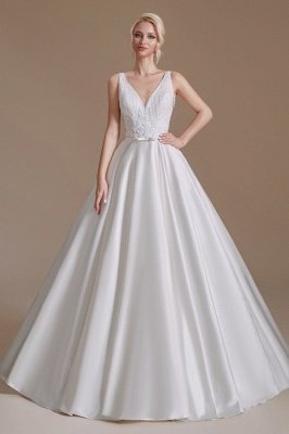 Свадебное платье Aline Атласное свадебное платье без рукавов с V-образным вырезом и цветочным кружевным узором_1