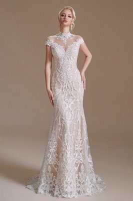 Schicke Flügelärmel, weißes Meerjungfrau-Hochzeitskleid mit Spitzenapplikationen, hochgeschlossenes Brautkleid_2