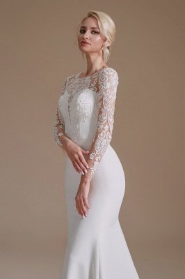 Long Sleeves Wedding Dress mermaid White Crew Neck Floral lace Long Bridal Dress_7