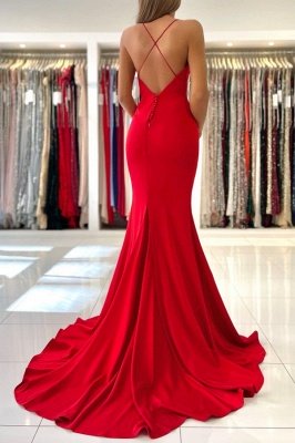 Red Sexy Satin Prom Dress Spaghetti Straps V-Neck Evening Dress Long_4