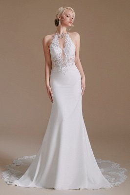 Elegant Deep V-Neck Floral Lace Mermaid Wedding Dress Sleeveles halter White Satin Bride Dress_1