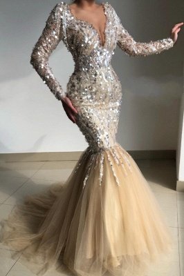 Long sleeves v-neck mermaid tulle champange prom dress_1